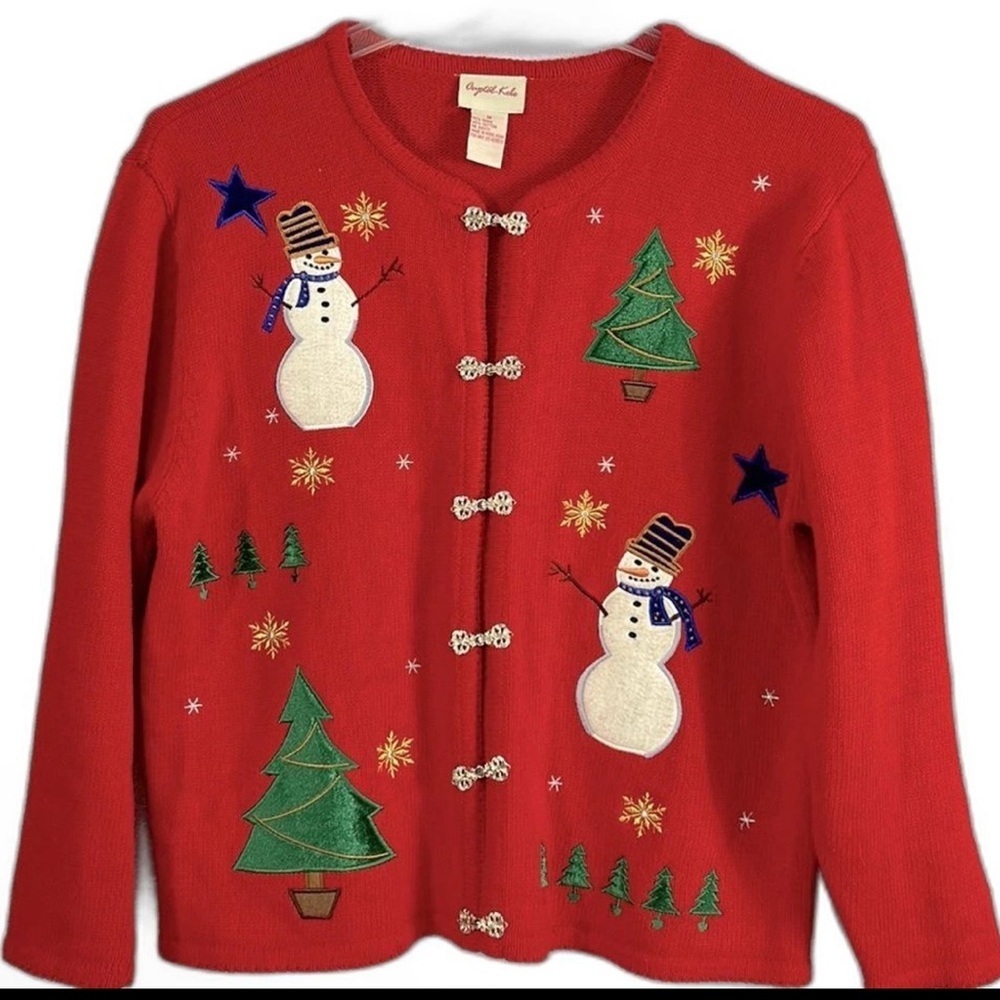 Vintage Crystal Kobe red snowman embroidered Christmas cardigan sweater 23" ptp